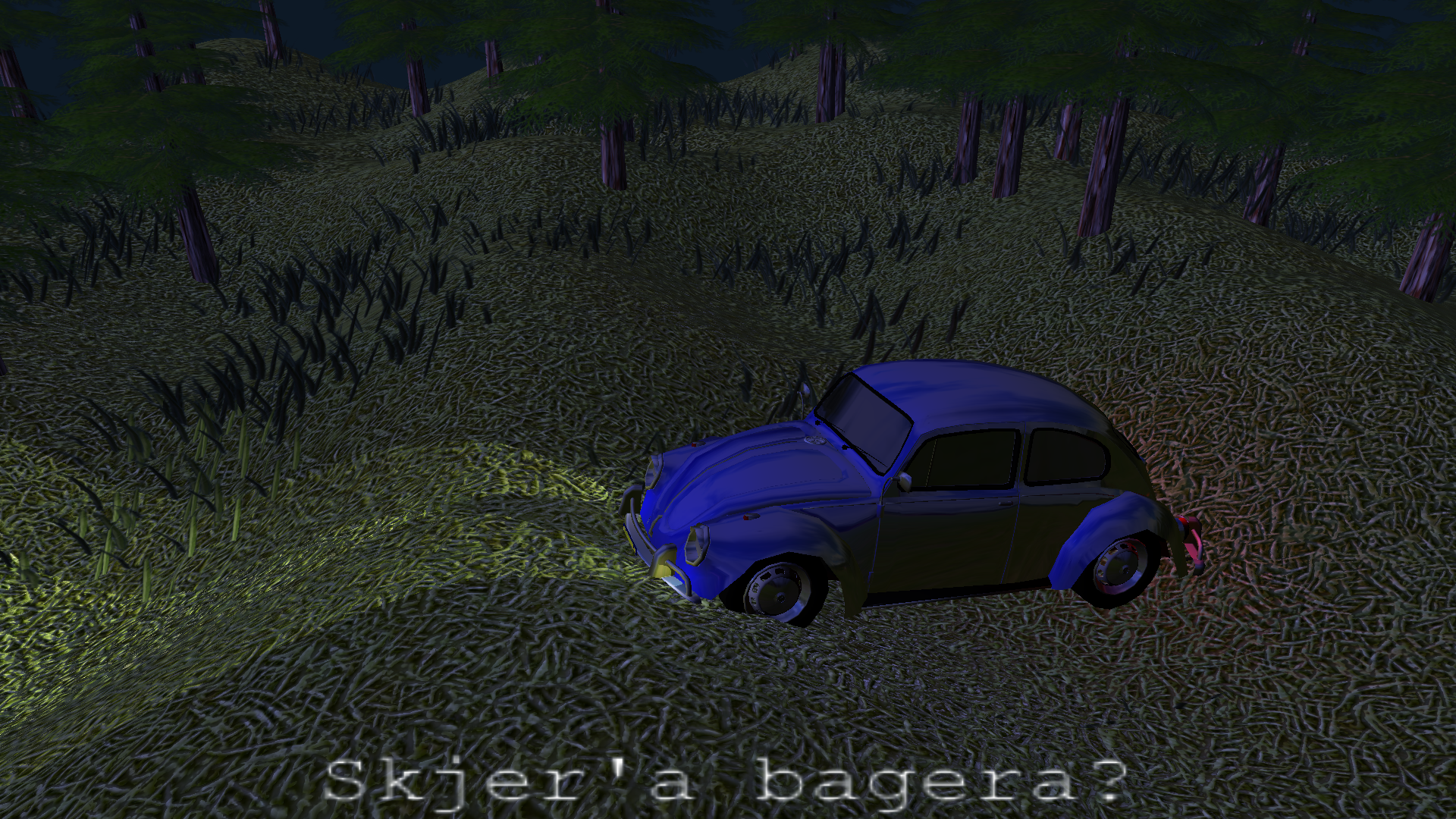 Car, trees and grass combined into a night driving scene. Two yellow spot lights attached to the head lights, two yelllow point lights attached to the head lights, two red point lights attached to the read lights.